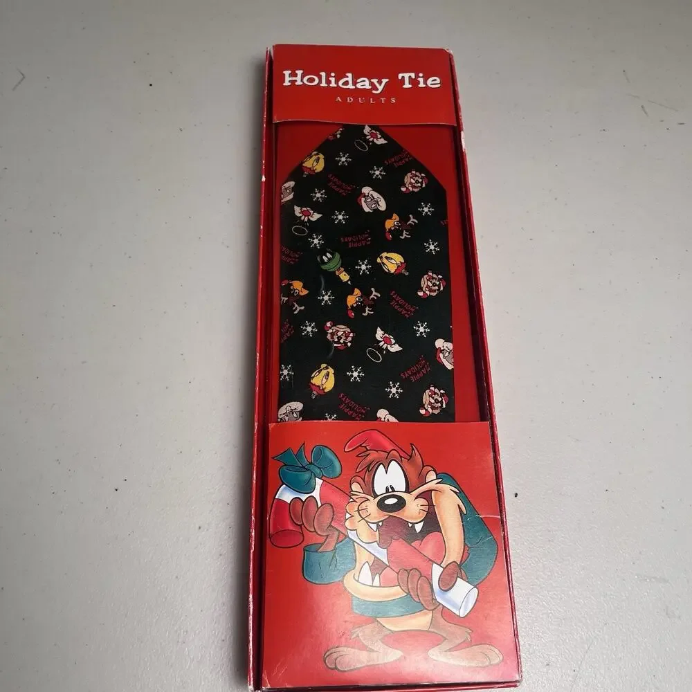 Vintage Looney Tunes Taz Christmas Tie Holiday Necktie Warner Bros Deadstock 90s